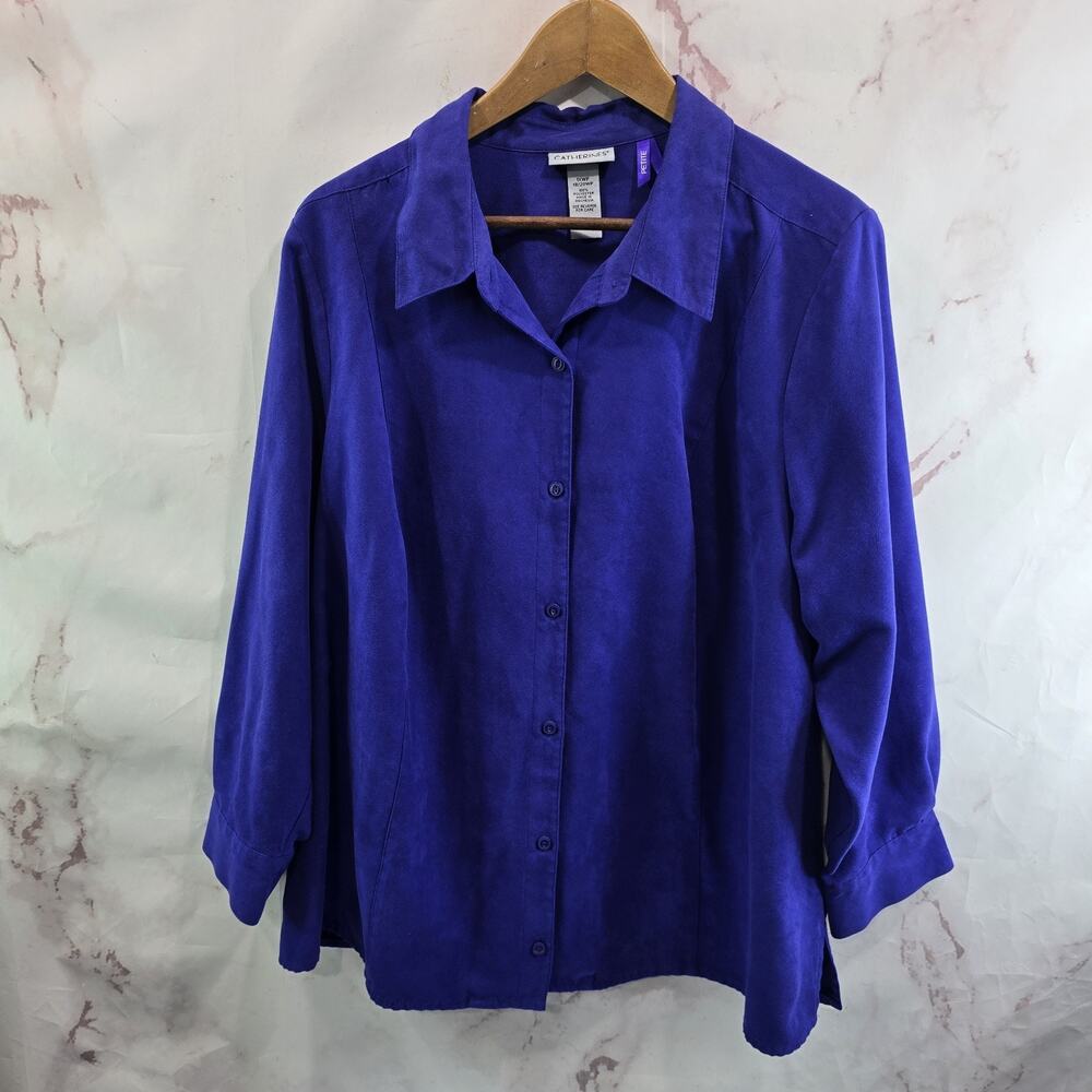 Catherines Shirt Womens 1X 18 20 Purple Button Up Faux Suede Velvet P Petite